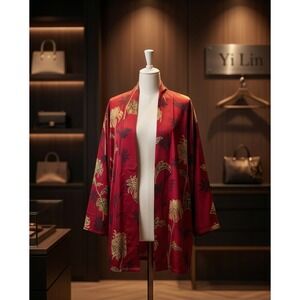 Yi Lin Vintage 90s 1X Silk Kimono Jacket Open Front Floral Robe Red Plus Size